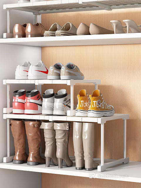 Organized Various Shoes On White Rack With Sneakers High Tops Canvas Shoes And Boots 3d model 