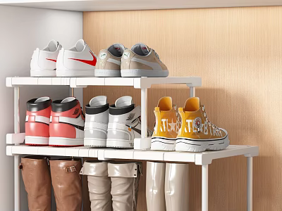 Organized Various Shoes On White Rack With Sneakers High Tops Canvas Shoes And Boots 3d model