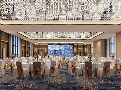Banquet Hall Featuring Crystal Chandeliers Round Tables Flower Arrangements And Backdrop Screen 3d model