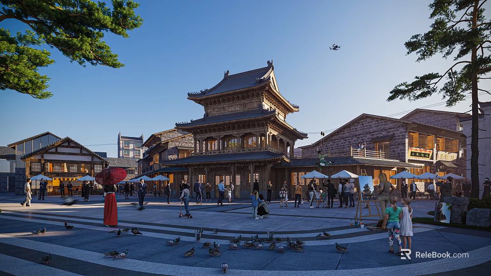 Ancient Chinese Architecture Two Story Wooden Structure In Open Plaza With Pedestrians Pigeons And Visitors 3d model 