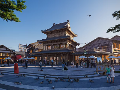 Ancient Chinese Architecture Two Story Wooden Structure In Open Plaza With Pedestrians Pigeons And Visitors 3d model