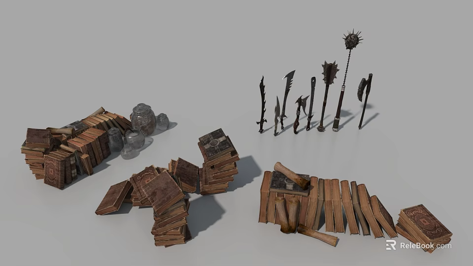 Stacked Books and Magazines with Scattered Pages Decorative Arrows and Star Poles 3d model 