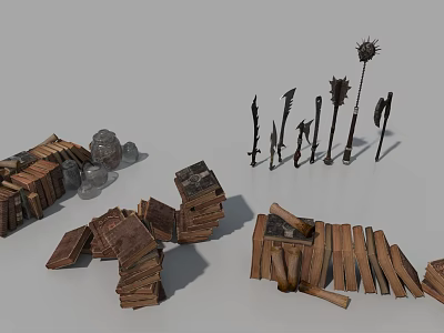 Stacked Books and Magazines with Scattered Pages Decorative Arrows and Star Poles 3d model