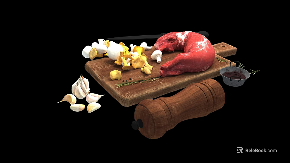Raw Meat with Chopped Mushrooms Eggs Garlic and Sauce on Wooden Cutting Board 3d model 