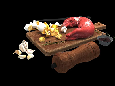 Raw Meat with Chopped Mushrooms Eggs Garlic and Sauce on Wooden Cutting Board 3d model