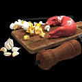 Raw Meat with Chopped Mushrooms Eggs Garlic and Sauce on Wooden Cutting Board