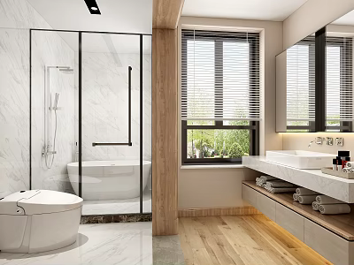 Modern Bathroom Interior With Glass Shower Bathtub Marble Countertop Wooden Floor And Blinds 3d model