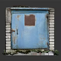 Blue Metal Door In White Brick Frame With Rusted Patch And Green Plants At Base