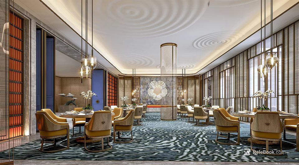 Luxurious Restaurant Interior With Chandeliers Round Tables Chairs And Decorative Carpet 3d model 