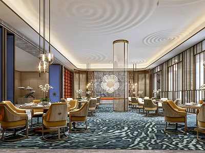 Luxurious Restaurant Interior With Chandeliers Round Tables Chairs And Decorative Carpet 3d model