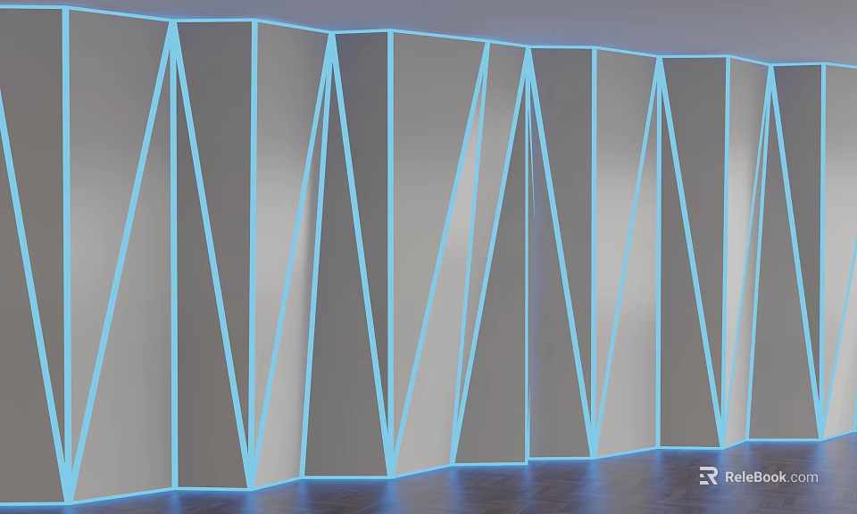 Modern Geometric Wall Design Featuring Blue Accent Lines and Mirrored Panels 3d model 