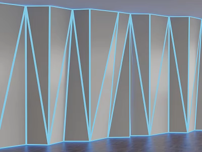 Modern Geometric Wall Design Featuring Blue Accent Lines and Mirrored Panels 3d model