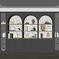 Modern Gray Bookcase With Arched Design Glass Doors Books Decor Items And Lighting