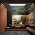 Zen Indoor Landscape With Hanging Tree Moss Covered Rocks Water Feature And Decorative Walls