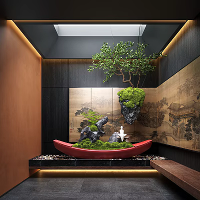 Zen Indoor Landscape With Hanging Tree Moss Covered Rocks Water Feature And Decorative Walls 3d model
