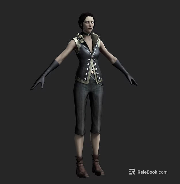 Game And Movie Character In Leather Vest With Buttons Striped Pants Long Gloves And Boots 3d model 