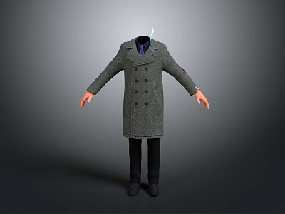 Fashionable Gray Double Breasted Long Coat With Black Pants And Shoes 3d model