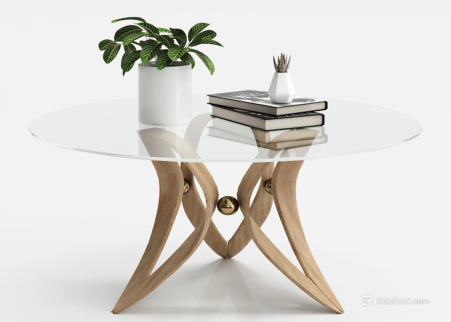 Modern Glass Top Coffee Table with Crossed Wooden Legs Gold Accents and Decorative Items 3d model 