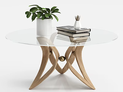 Modern Glass Top Coffee Table with Crossed Wooden Legs Gold Accents and Decorative Items 3d model