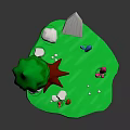 Floating Fantasy Island With Green Grass Red Trunk Tree White Stones And Decorations