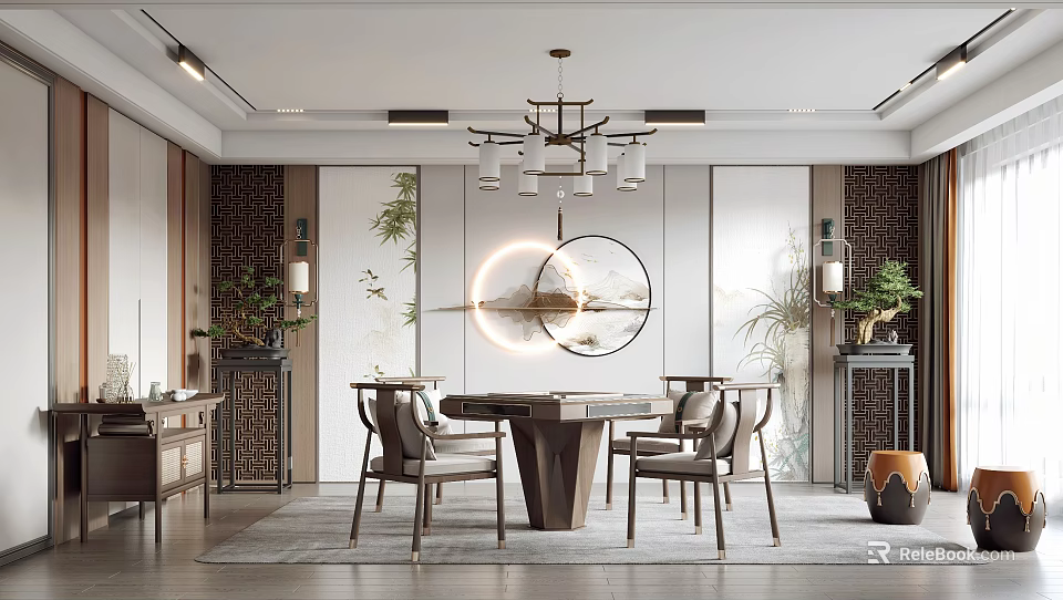 Traditional Chinese Entertainment Room Interior With Round Table Chairs Chandelier And Circular Decorations 3d model 