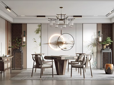 Traditional Chinese Entertainment Room Interior With Round Table Chairs Chandelier And Circular Decorations 3d model