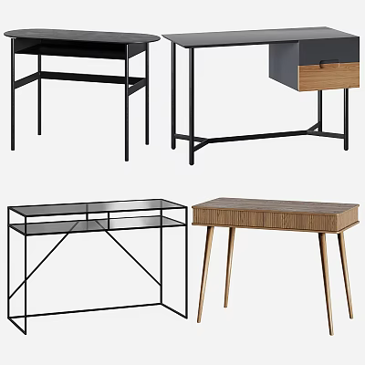 Modern Desks With Black Metal Frames Clear Glass Tops And Natural Wooden Tabletops 3d model