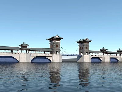 Traditional Chinese Waterfront Architecture With Pagoda Towers And Bridge Reflection 3d model