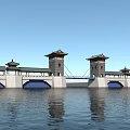 Traditional Chinese Waterfront Architecture With Pagoda Towers And Bridge Reflection