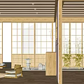 Modern Japanese Restaurant Interior With Wooden Walls Sliding Lattice Windows And Bamboo Plants