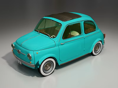 Light Blue Vintage Small Car With Dark Roof And White Wheels 3d model