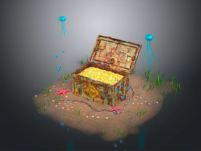 Open Treasure Chest Home Decor Filled With Gold Featuring Blue Jellyfish Starfish And Seaweed 3d model