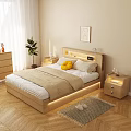 Modern Bedroom Interior Wooden Double Bed With LED Strip Headboard Yellow Pillow And Beige Rug