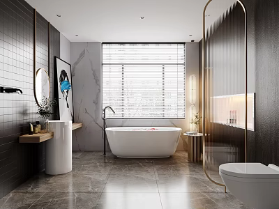 Modern Bathroom Interior With Freestanding Bathtub Marble Floor Large Mirror And Window Blinds 3d model