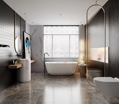 Modern Bathroom Interior With Freestanding Bathtub Marble Floor Large Mirror And Window Blinds 3d model