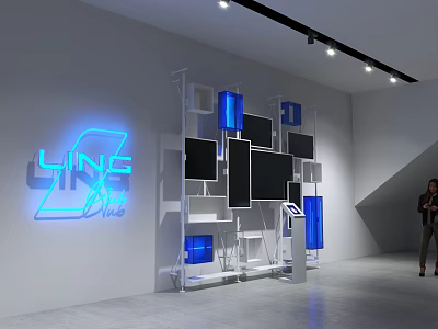 Modern Art Installation With Metal Frame Colorful Cubes And Neon Sign In Exhibition Space 3d model