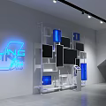 Modern Art Installation With Metal Frame Colorful Cubes And Neon Sign In Exhibition Space