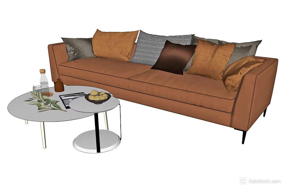 Brown Fabric Two Seater Sofa With Multiple Decorative Cushions And Round Coffee Table 3d model