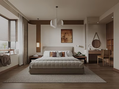 Serene Bedroom Interior Design With Pendant Light Bedside Painting Curtains Rug And Mirror 3d model