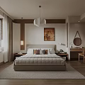 Serene Bedroom Interior Design With Pendant Light Bedside Painting Curtains Rug And Mirror