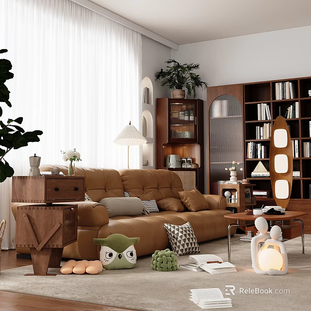 Brown Multi-seat Sofa in Cozy Living Room with Bookshelf Plants Throw Pillows and Side Table 3d model 