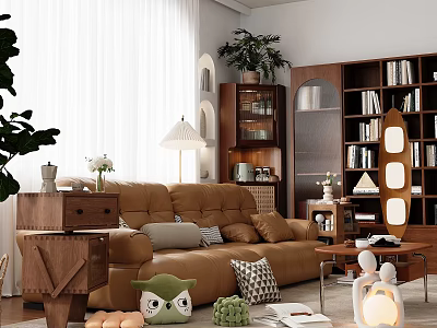 Brown Multi-seat Sofa in Cozy Living Room with Bookshelf Plants Throw Pillows and Side Table 3d model