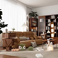 Brown Multi-seat Sofa in Cozy Living Room with Bookshelf Plants Throw Pillows and Side Table