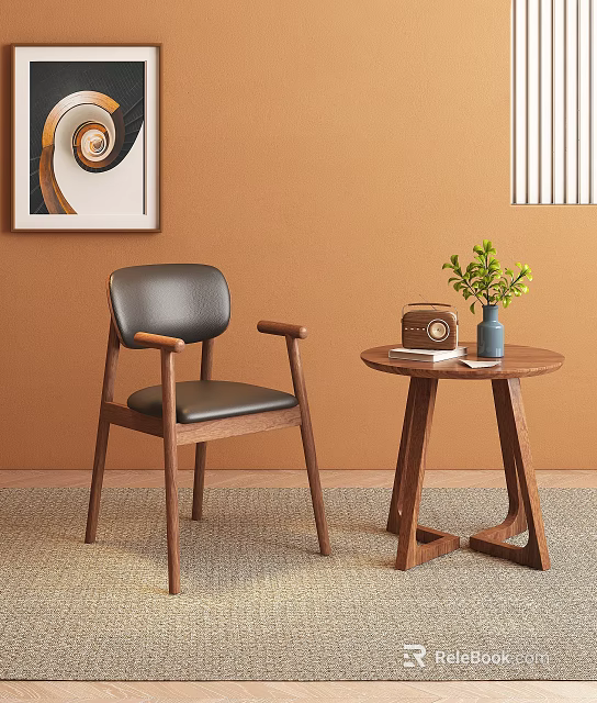 Wooden Dining Chair With Black Leather Back And Seat Armrests Round Table Green Plant 3d model 
