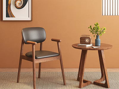 Wooden Dining Chair With Black Leather Back And Seat Armrests Round Table Green Plant 3d model