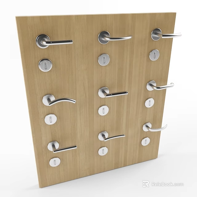 Multiple Silver Door Handles Displayed on Wooden Board with Modern Design 3d model 