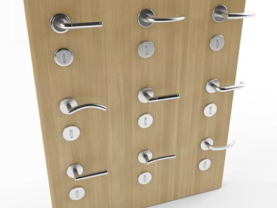 Multiple Silver Door Handles Displayed on Wooden Board with Modern Design 3d model