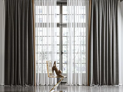 Gray Thick Curtains With White Sheer Panels By Window In Bright Room With Wooden Floor 3d model