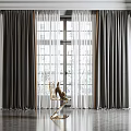 Gray Thick Curtains With White Sheer Panels By Window In Bright Room With Wooden Floor