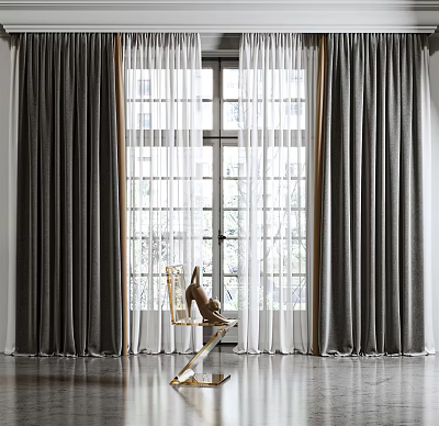 Gray Thick Curtains With White Sheer Panels By Window In Bright Room With Wooden Floor 3d model